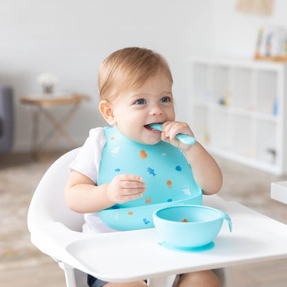 Bumkins Baby Bowl, Silicone Feeding Set with Suction for Baby and Toddler, Includes Spoon and Lid, First Feeding Set, Training Essentials for Baby Led Weaning for Babies 4 Months Up, Sage