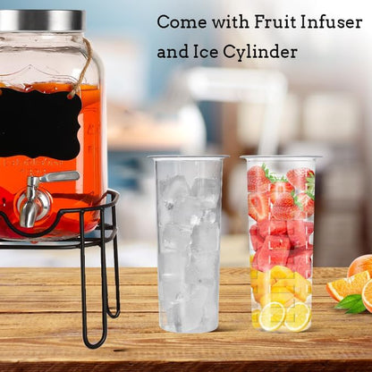Drink Dispenser,2PACK Glass Drink Dispensers for Parties,1 Gallon Beverage Dispenser with Stand, Stainless Steel Spigot Leak proof,Come with Ice Cylinder,Fruit Tube and 2 Rubber Mats