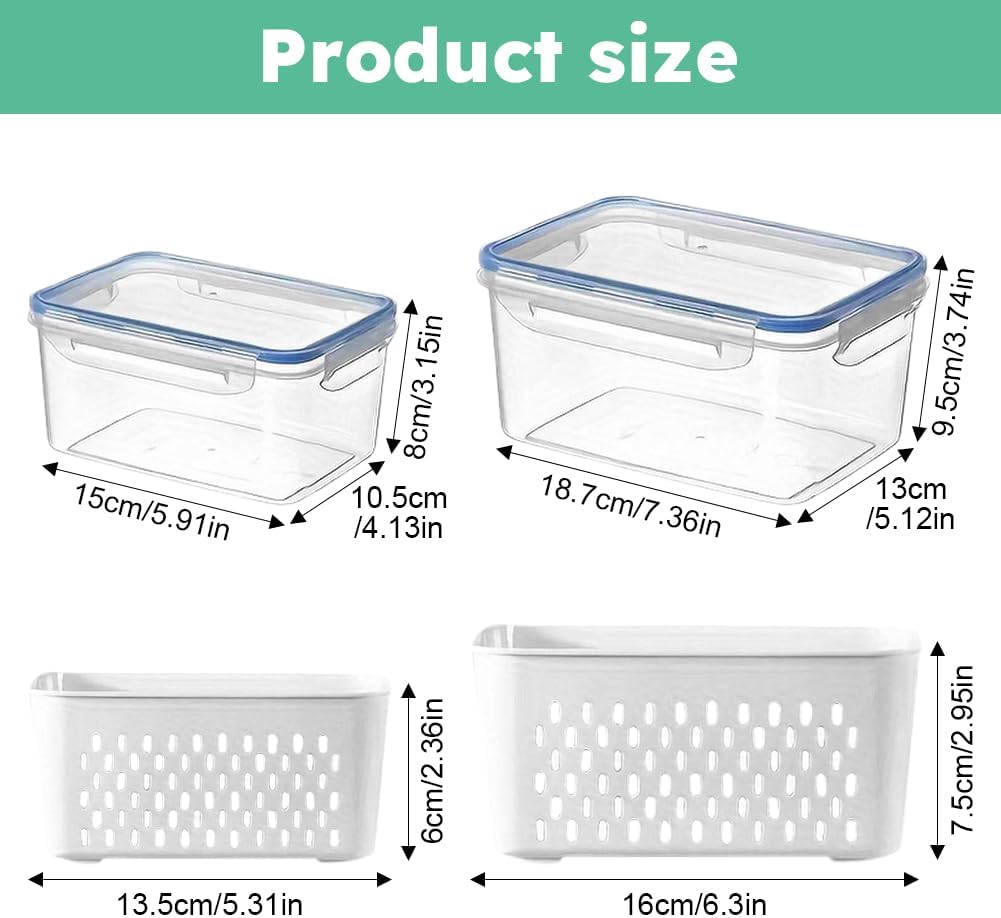 2 Pcs Fruit Storage Containers for Fridge with Removable Colander & Lid