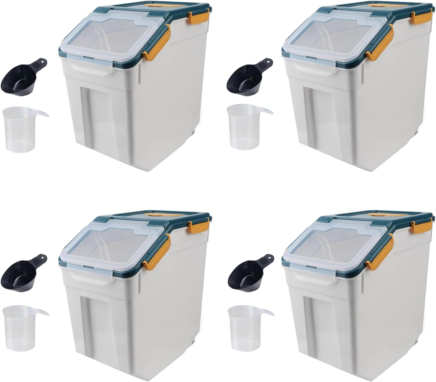 4 Pack Grain Food Storage Container, 20LB Airtight Rice Bin Storage Bucket with Spoon and Measuring Cup, Large Flour Dispenser Container Set 80LB Total Capacity, Grey