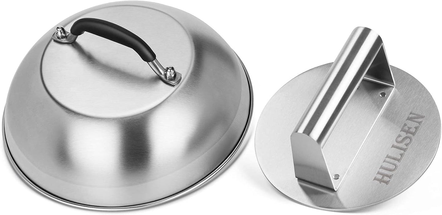 HULISEN Cheese Melting Dome & Smashed Burger Press, 6.2" Grill Press with 9" Basting Cover, Stainless Steel Burger Smasher, Griddle Accessories Kit for Flat Top Grill Cooking Indoor/Outdoor