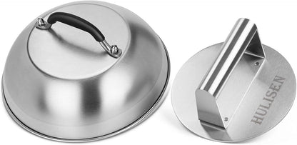 HULISEN Cheese Melting Dome & Smashed Burger Press, 6.2" Grill Press with 9" Basting Cover, Stainless Steel Burger Smasher, Griddle Accessories Kit for Flat Top Grill Cooking Indoor/Outdoor