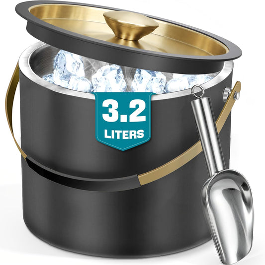 3.2L Insulated Ice Buckets for Parties, Elegant Double Wall Stainless Steel Champagne Buckets with Lid & Scoop,Ideal for Cocktail Bar, Chilling Wine, Champagne