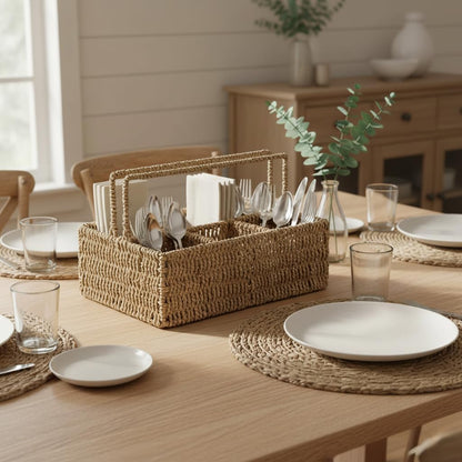 PEMAR Large L-Sized Hand Woven Utensil Caddy Carrier, Natural Jute Wicker Condiment Holder for Table, Kitchen Set Counter Top Silverware Organizer, Rustic Storage for Forks, Spoons, Seagrass