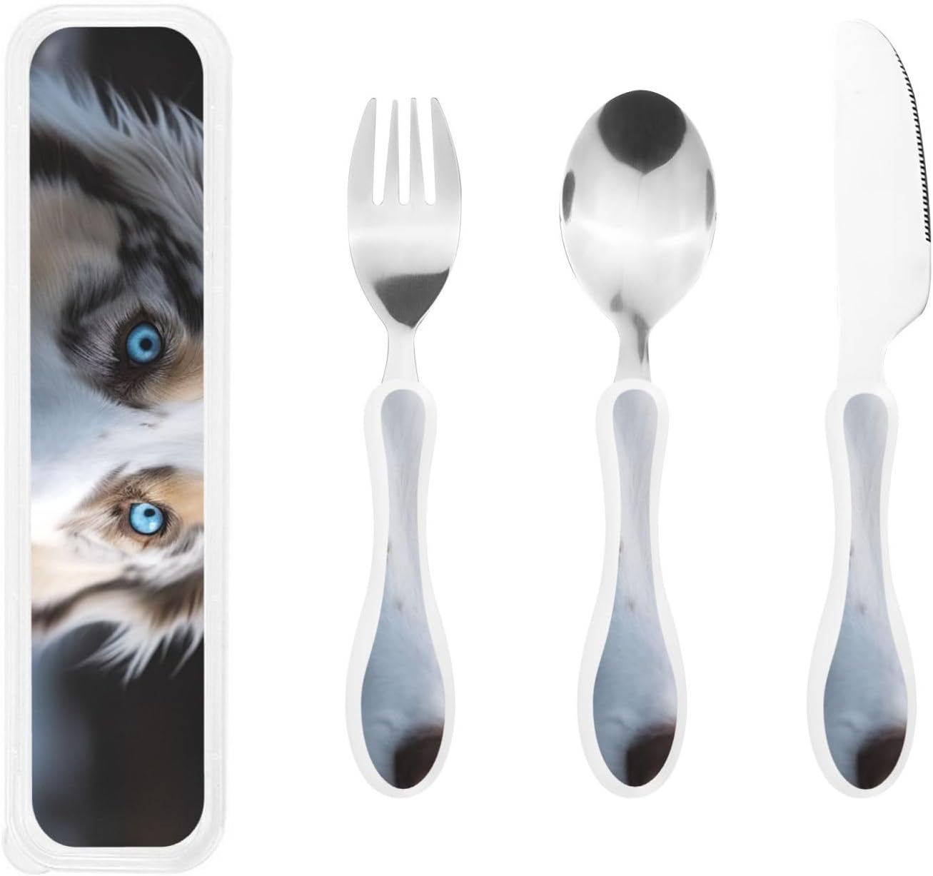 3-Piece Kids Silverware Set With Storage Case, Stainless Steel Reusable Children Safe Knife Spoon Fork Set Blue Eyed Dog Children Flatware Set For Kids Lunch Box
