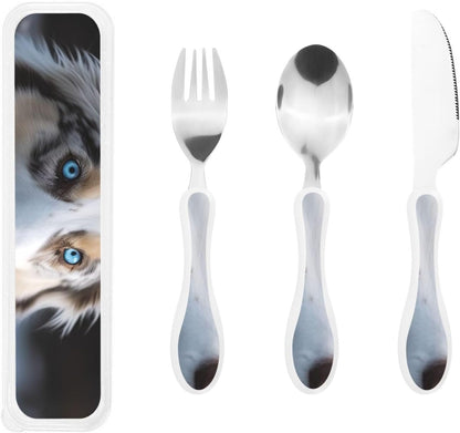 3-Piece Kids Silverware Set With Storage Case, Stainless Steel Reusable Children Safe Knife Spoon Fork Set Blue Eyed Dog Children Flatware Set For Kids Lunch Box