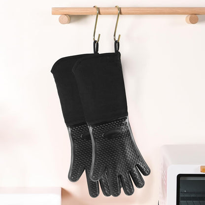 1 Pair Extra Long Professional Oven Mitts, Non-Slip Silicone Grip Heat Resistant,19.7" Length,Up to 572℉ for BBQ Cooking Baking Grilling (Black)
