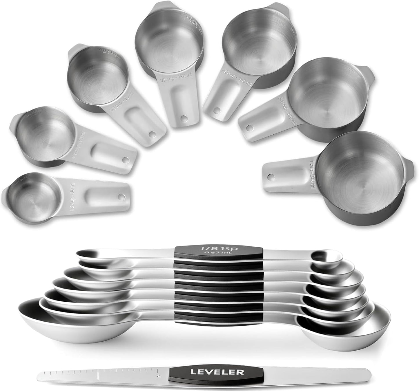 EWFEN Measuring Cups and Spoons Set, 7 Stainless Steel Nesting Measuring Cups & 7 Spoons, 5 Mini Measuring Spoons & 2 Detachable Rings, Kitchen Gadgets for Cooking & Baking, Round