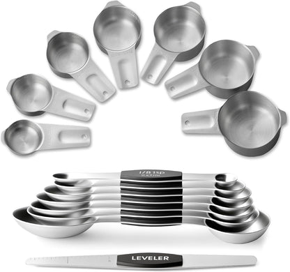 EWFEN Measuring Cups and Spoons Set, 7 Stainless Steel Nesting Measuring Cups & 7 Spoons, 5 Mini Measuring Spoons & 2 Detachable Rings, Kitchen Gadgets for Cooking & Baking, Round