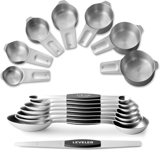EWFEN Measuring Cups and Spoons Set, 7 Stainless Steel Nesting Measuring Cups & 7 Spoons, 5 Mini Measuring Spoons & 2 Detachable Rings, Kitchen Gadgets for Cooking & Baking, Round