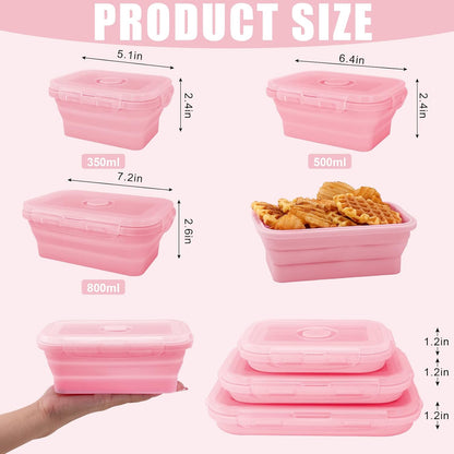 Collapsible Silicone Food Storage Containers with Lids,Set of 4 Silicone Lunch Box Containers,Foldable Meal Prep Container for Kitchen,Microwave & Dishwasher & Freezer Safe,BPA Free(Square Pink,4PCS)