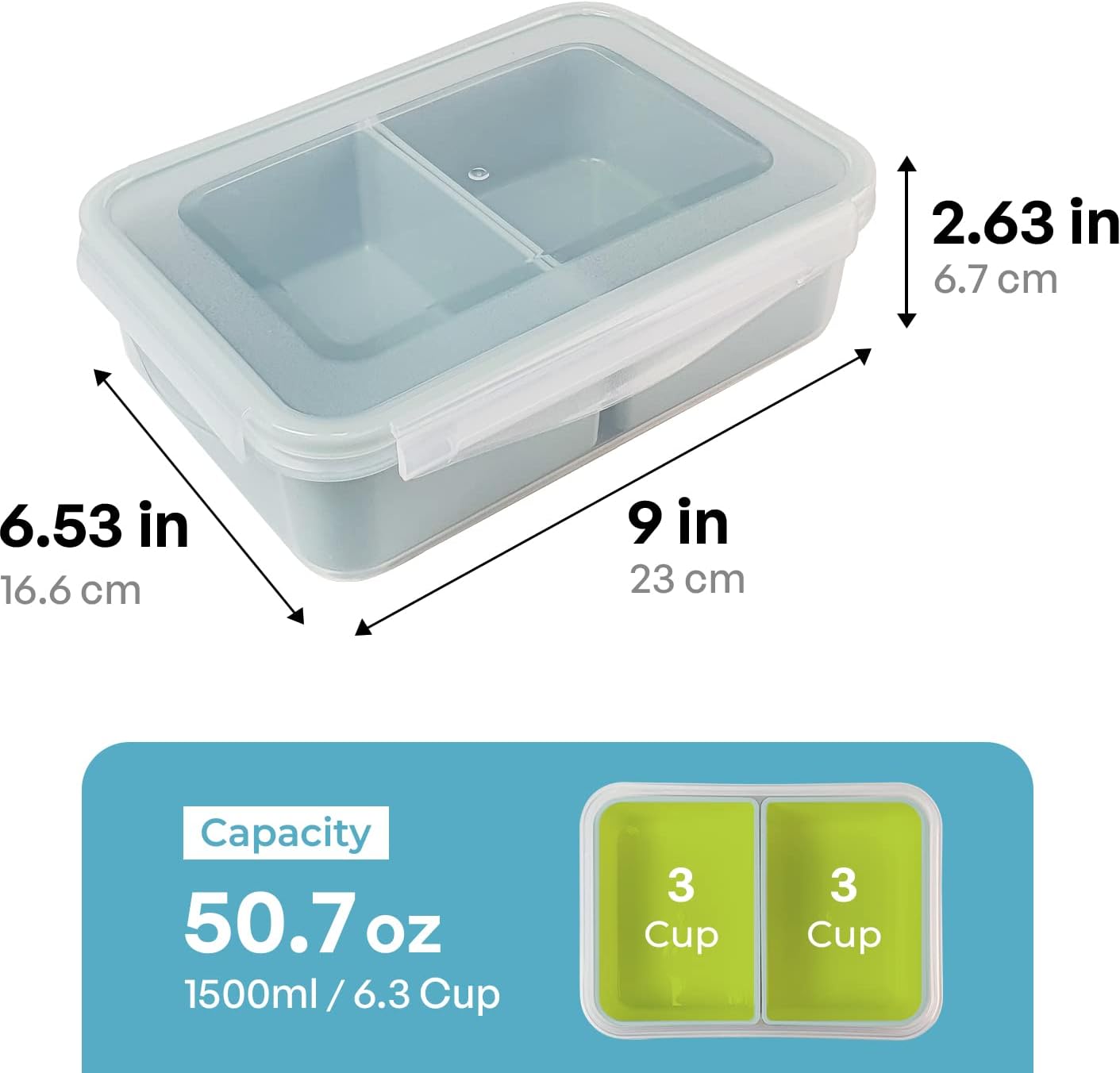 carrotez Food Storage Containers with 3 Removable Compartments, Food Prep Container with Airtight Lids, Portion Control Container, Microwave Safe, Reusable, 4.64 Cup (1100ml)