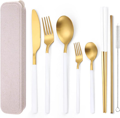 AARAINBOW 8 Pieces Stainless Steel Flatware Set Portable Reusable Cutlery Set Travel Utensils Set Including Chopsticks Knife Fork Spoon Straws Cleaning Brush Dishwasher Safe (Pink Golden)