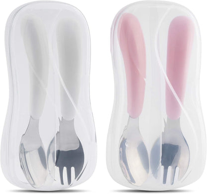 Kirecoo 2 Set Toddler Utensils, Toddler Forks and Spoons, Stainless Steel kids Silverware Set, Designed for Self Feeding Flatware Utensils with Travel Carrying Cases BPA Free (White & Aqua)