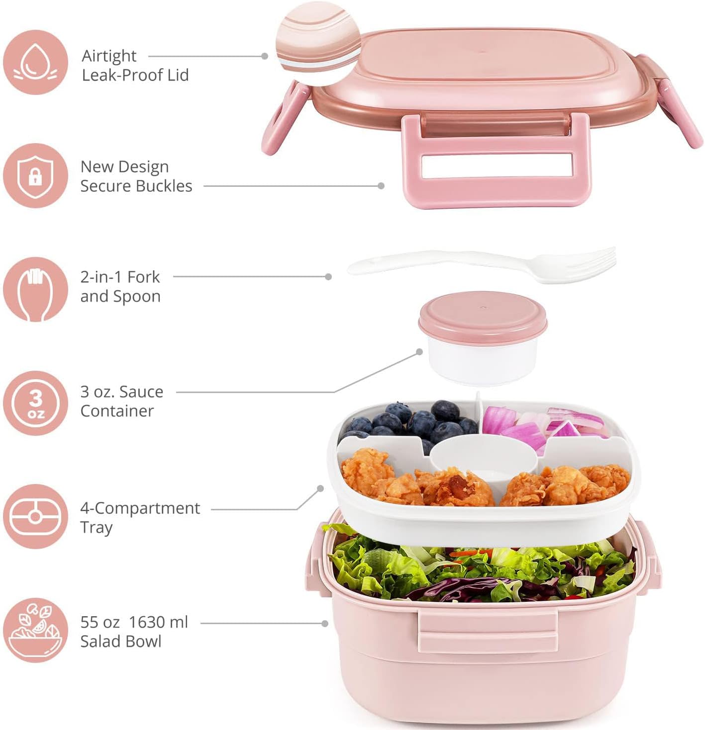 Salad Container for Lunch - 55 oz Salad Bowl with 4-Compartment Bento-Style Tray, 3 oz Sauce Box, Reusable Spork & BPA-Free, Lunch Box for Meal Prep & Food Storage(Gray)