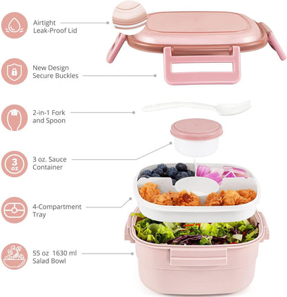 Salad Container for Lunch - 55 oz Salad Bowl with 4-Compartment Bento-Style Tray, 3 oz Sauce Box, Reusable Spork & BPA-Free, Lunch Box for Meal Prep & Food Storage(Gray)