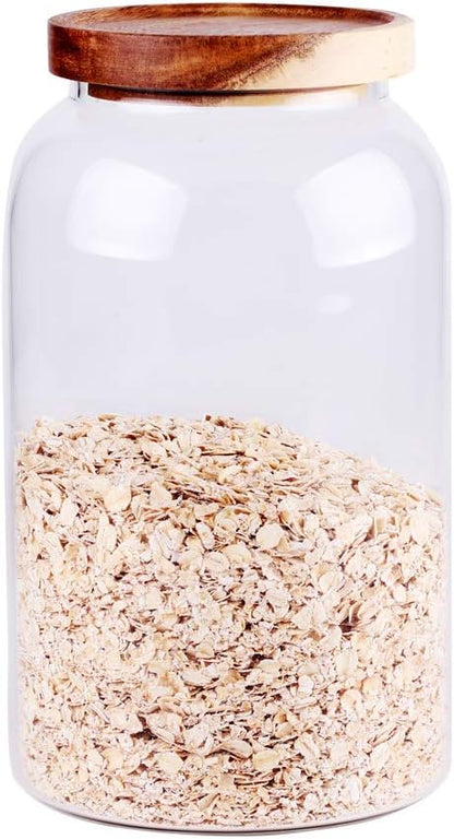 Large Glass Jar with Airtight Lid Set of 2 93 FL OZ(2750ml) glass canister set, Glass Food Containers Wooden Lid Suit for Kitchen Pantry for Flour, Tea, Coffee Beans, Sugar, Cookies(8.8 inch high)
