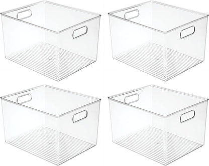 mDesign Plastic Storage Organizer Container Bin for Kitchen Organization in Pantry, Cabinet, Countertop Fridge, Refrigerator, and Freezer - Hold Food, Drink, or Snacks, Ligne Collection, 4 Pack, Clear