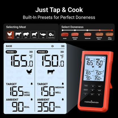 ThermoMaven 3000FT Wireless Meat Thermometer, No App Needed, 2 Probes
