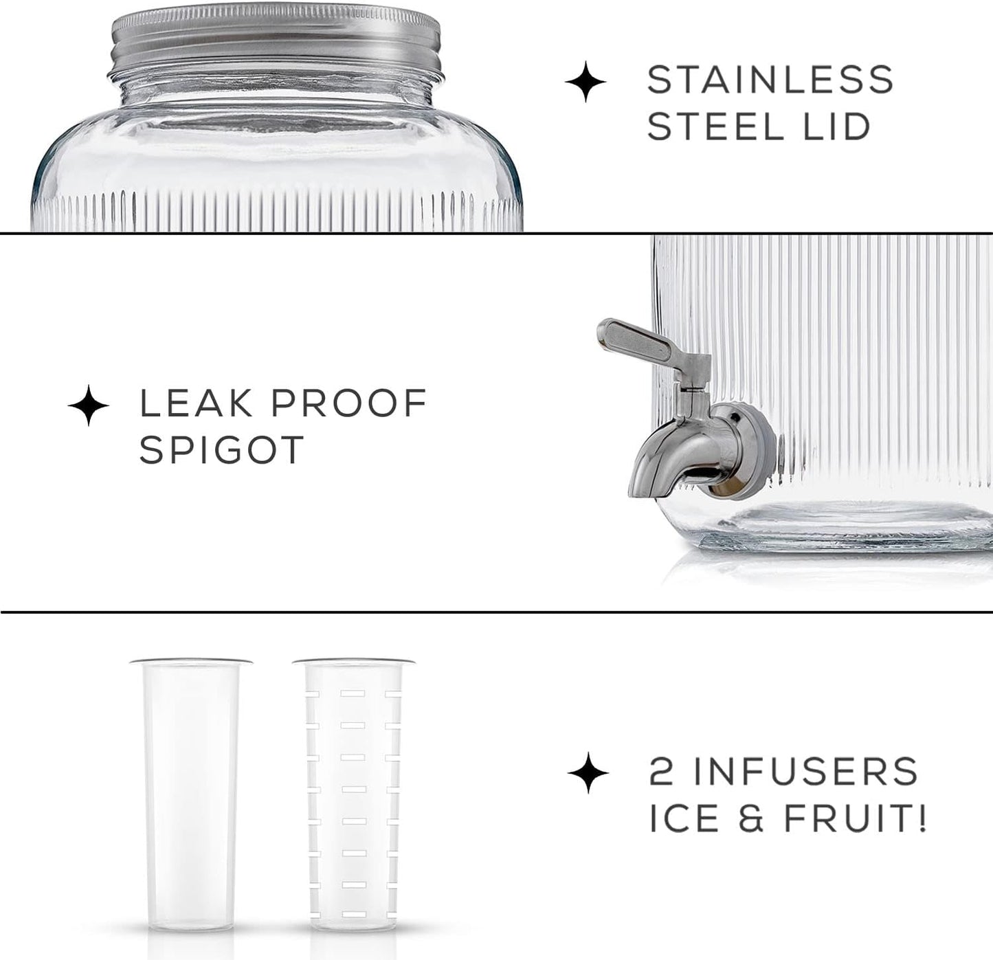 1-Gallon Drink Dispenser. Glass Beverage Dispenser with Stainless steel Spigot plus Ice Cylinder and Fruit Infuser! Water Dispenser, Lemonade Stand, Juice Container - Drink Dispensers for Parties