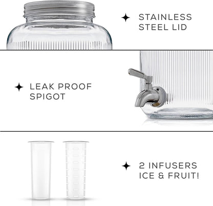 1-Gallon Drink Dispenser. Glass Beverage Dispenser with Stainless steel Spigot plus Ice Cylinder and Fruit Infuser! Water Dispenser, Lemonade Stand, Juice Container - Drink Dispensers for Parties