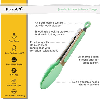 HINMAY Stainless Steel Kitchen Tongs 9-Inch Cooking Tongs, Set of 3