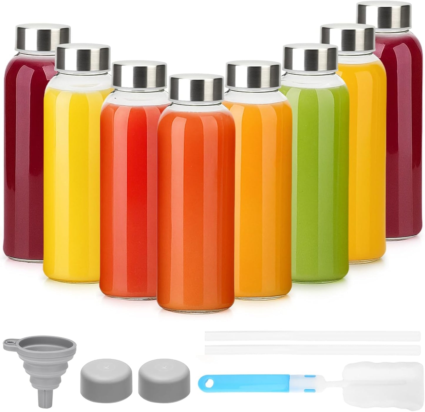 Glass Juice Bottles with Lids 10 oz, 6 Pack Reusable Small Glass Bottles with Stainless Steel Caps & Straws, BPA-Free Leak proof Juice Bottle Containers for Juicing, Milk, Smoothies & Fridge