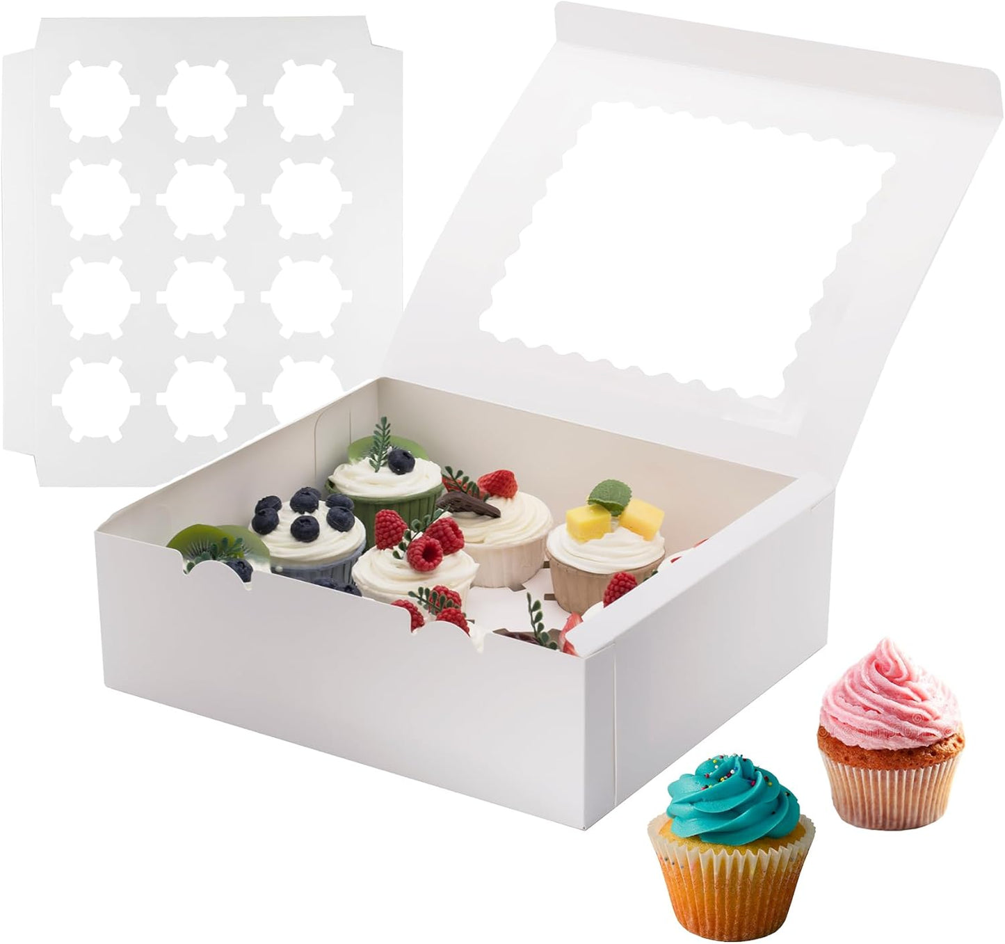 4 Pack Cupcake Boxes, Hold 12 Count Cupcake Containers with Window, High Grade Cupcake Holder, Easy Transport and Presentation, for Birthday Holiday Party, Desserts and More (White - 4 Pack)