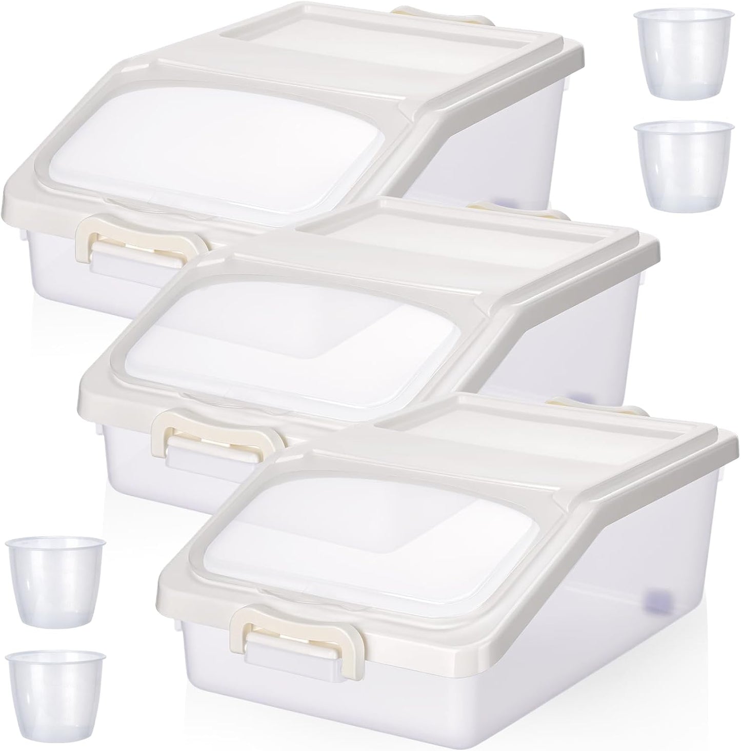 Blushtier 3 Pcs Rice Storage Container 11 lb Airtight Flour Container with Wheels Measuring Cup Clear Pet Food Dog Cat Birds Food Bin Grain Cereal Organizer Box for Dry Baking Supplies(Milky White)