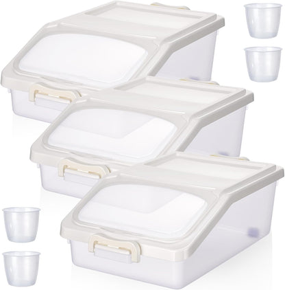 Blushtier 3 Pcs Rice Storage Container 11 lb Airtight Flour Container with Wheels Measuring Cup Clear Pet Food Dog Cat Birds Food Bin Grain Cereal Organizer Box for Dry Baking Supplies(Milky White)