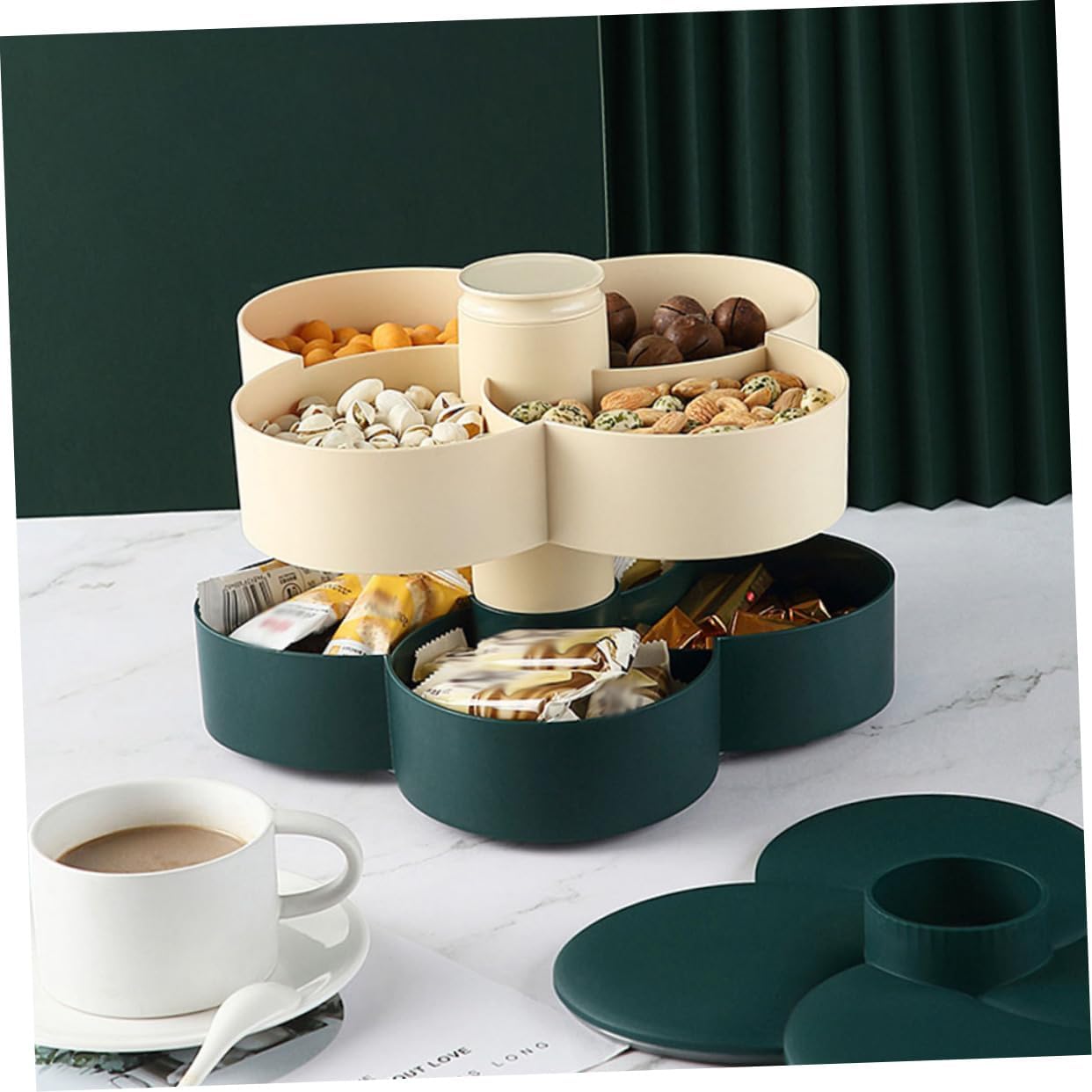 SMASOLO Double Layer Rotating Snack Storage Tray with Lid Divided Candy and Nut Organizer for Home Office and Party Use Green