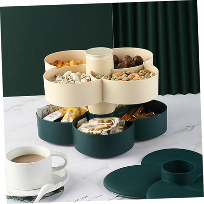 SMASOLO Double Layer Rotating Snack Storage Tray with Lid Divided Candy and Nut Organizer for Home Office and Party Use Green