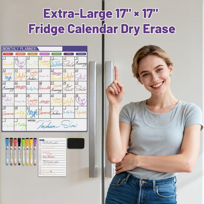 Monthly Magnetic Calendar for Refrigerator - 17"x17" Dry Erase Board, Large Writing Space, 8 Markers & Eraser - Family Schedule Planner, Stain-Resistant with Strong Magnets (Sunday Start)
