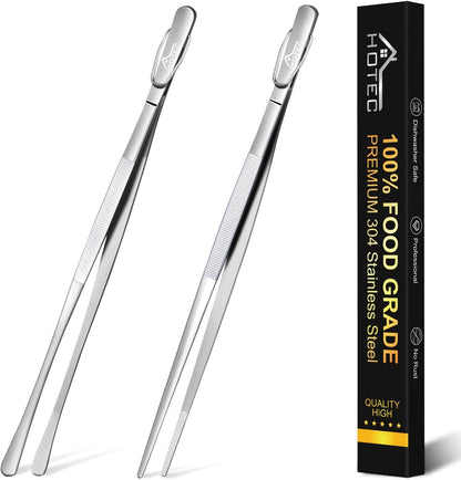 HOTEC Kitchen Tweezers Tongs Stainless Steel Professional Chef Tweezers, Set of 3-6.3", 10" and 12inch Food Tongs for Cooking, Repairing, Dessert, BBQ, Meat, Pasta