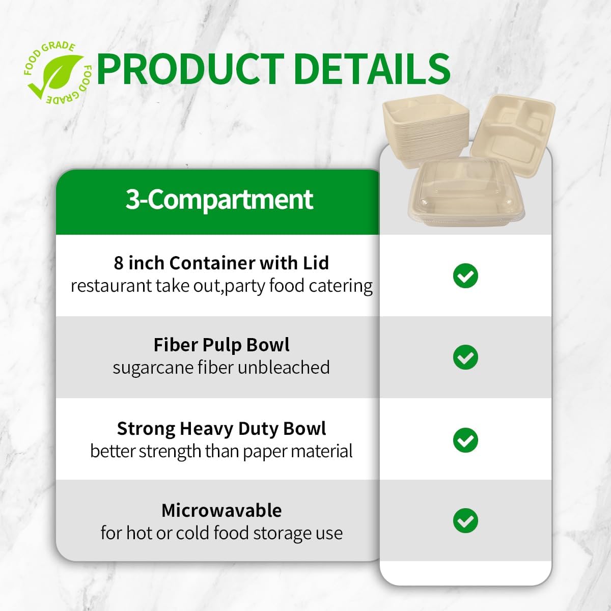 bloomoon 3 Compartment Take Out Lunch Box Containers 50 Pack | 8x8 inch Disposable 3 Compartment Meal Prep Bento Box Containers, 50 Bowls 50 Lids