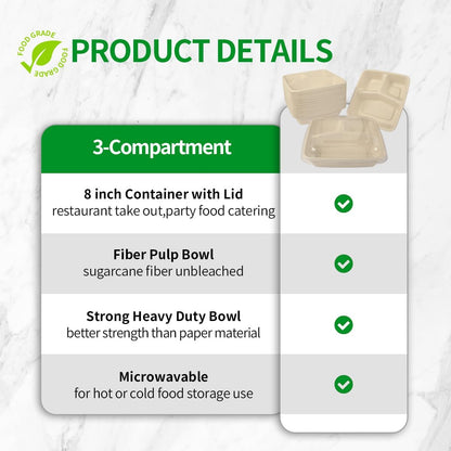 bloomoon 3 Compartment Take Out Lunch Box Containers 50 Pack | 8x8 inch Disposable 3 Compartment Meal Prep Bento Box Containers, 50 Bowls 50 Lids