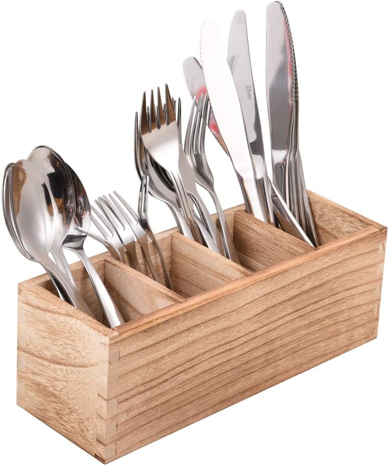 WuGeShop Wood Cutlery Caddy, Kitchen Utensil Organizer with 4 Compartments, Silverware Storage Kitchen Countertop Flatware Organizer