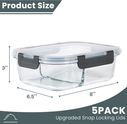 TYKOON AISOON 5 Pack Glass Meal Prep Containers with Upgraded Snap Locking Lids, 36oz Glass Food Storage Containers 2 Compartment Set, Airtight & Leakproof – Microwave, Oven, Freezer Safe (36oz)