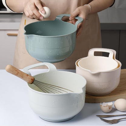 Mixing Bowls - 4 Piece Nesting Plastic Mixing Bowl Set with Pour Spouts and Handles - Non Slip Bottom and Measurement Markings (Light Gray)