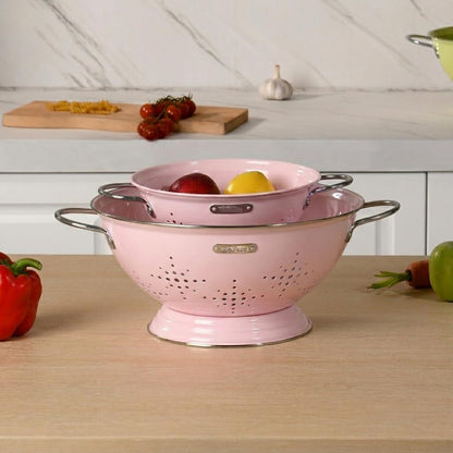 Metal Colander 2 Pack, Strainer Bowel with Handles 2Qt & 6Qt Powder Coated Solid Ring Base Heavey Duty Kitchen Drainer Basket for Pasta Veggies and Fruits,New Home Apartment Essentials (Almond Cream)