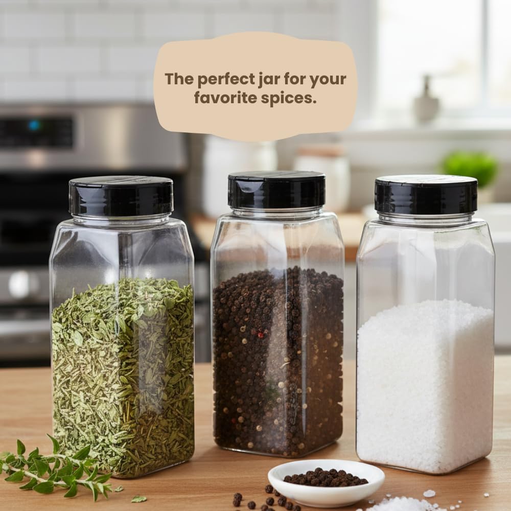 Pride Of India 32 Fl Oz Clear Spice Jar with Dual Opening Lid | Food Grade PET Plastic Oblong Jar | Reusable Organizer for Spices, Herbs, Coffee, Nuts, Snacks & Pet Treats | | 3-4 Cup Capacity