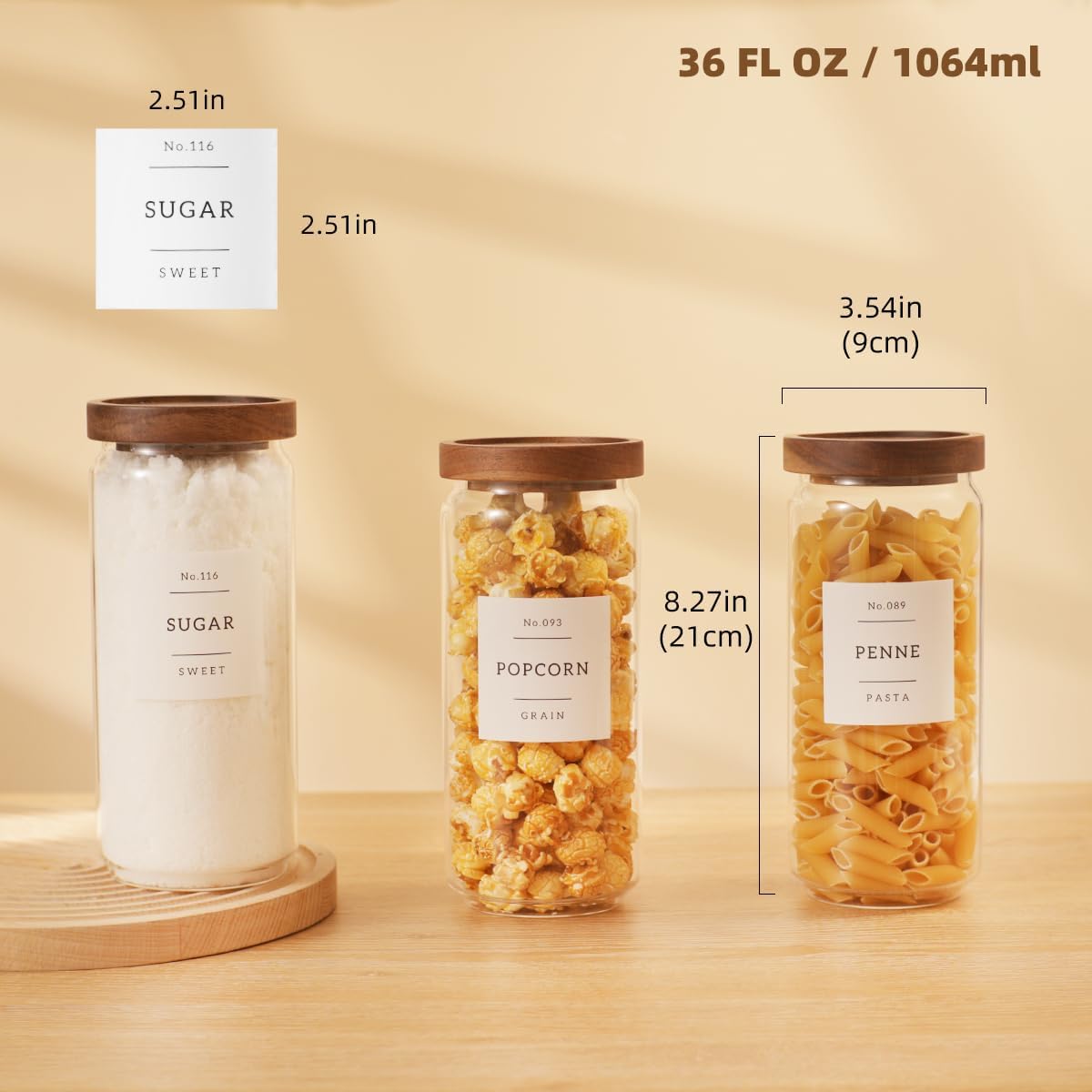 2 Pack Large Glass Flour and Sugar Storage Containers with Airtight Acacia Wood Lids and 132 Kitchen Pantey Labels Preprint - 1 Gallon Borosilicate Glass Canister Sets for Food,Pasta,Cookie,Rice