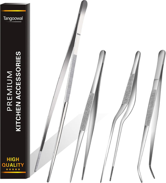 Professional Fine Cooking Tweezer Tongs,High-Precision Stainless Steel Kitchen Tweezers Tongs - 1pcs 12" and 3pcs 6.3"