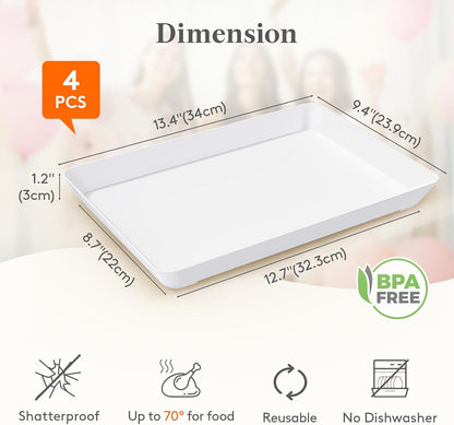 Lifewit Reusable Plastic Serving Tray, Serving Platters for Party, Large Tray Dishes for Food, Buffet, Snacks, Fruit, Rectangle, BPA Free, 13.4" x 9.4", 4 Sets