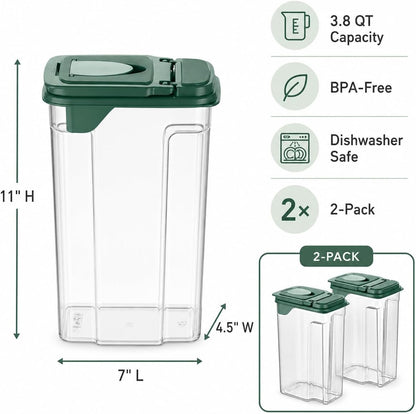 Tribello Food Storage Dispenser with Pour Spout Lid – Pantry Bin – Clear Slim Food Storage Container for Rice, Sugar, Cereal – BPA Free - Kitchen Organization (Small 1.9 Quarts - 2pack)