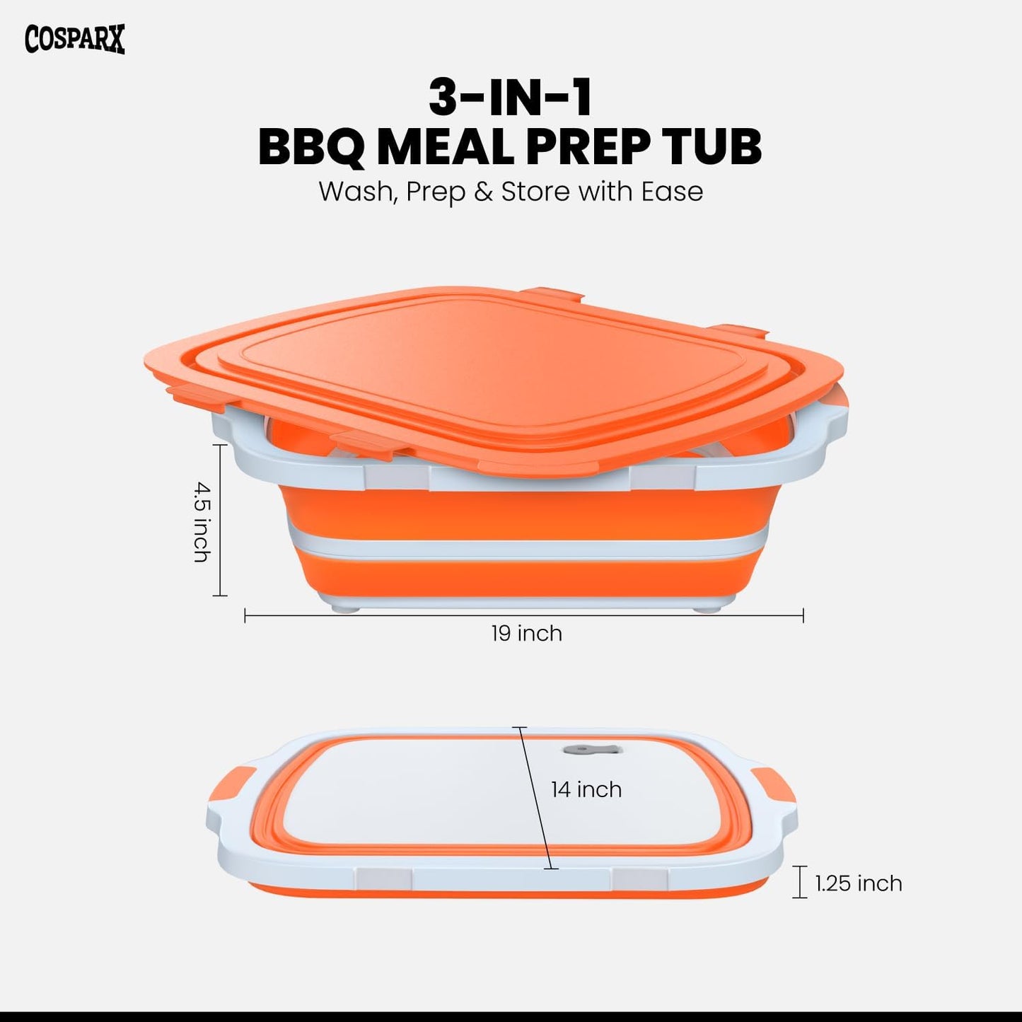 XL Collapsible BBQ Prep Tub with Cutting Board & Drain Plug – Portable Food Prep Station for Kitchen, Camping & Grill – Dishwasher Safe, Space-Saving Design – Heat-Resistant Glove Included (Black)