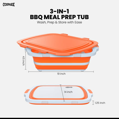 XL Collapsible BBQ Prep Tub with Cutting Board & Drain Plug – Portable Food Prep Station for Kitchen, Camping & Grill – Dishwasher Safe, Space-Saving Design – Heat-Resistant Glove Included (Black)