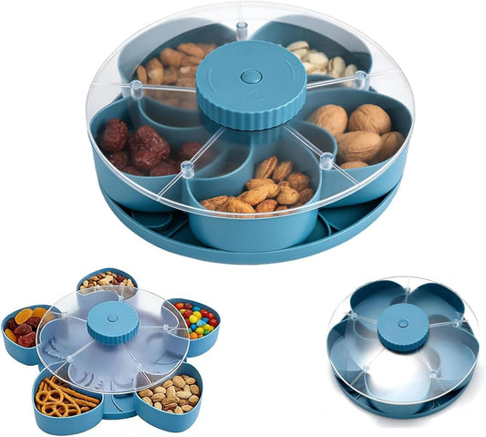 Divided Serving Tray that Spins, Rotating Snack Tray with Lid, 5-Compartment Spinning Candy & Nut Organizer, Divided Serving Platter for Parties, Reusable Snack Container for Fruits (Pink, 1 Pcs)