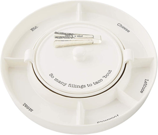 Mud Pie Taco Bar And Tortilla Warmer, 2" x 15" dia | tongs 7", White