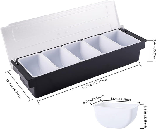 5 Compartment Plastic Dispenser Fruit Veggie Condiment Caddy with Lid，Ice Cooled Condiment Serving Container Chilled Garnish Tray Bar Caddy for Home Work or Restaurant (Black)